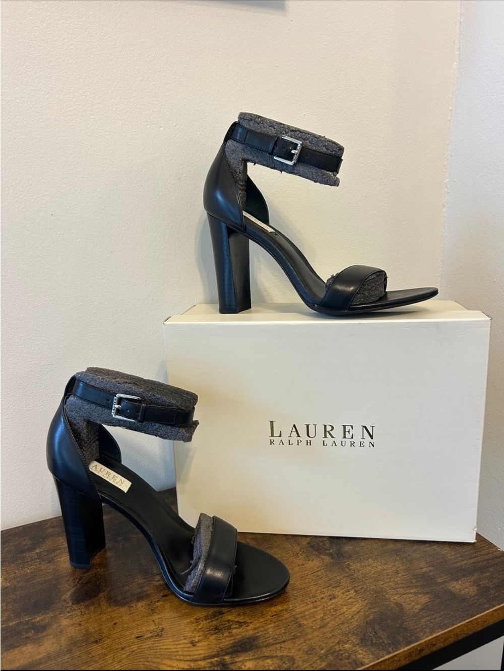 Lauren Ralph Lauren Black Block Heel Sandals with Textured Ankle Strap